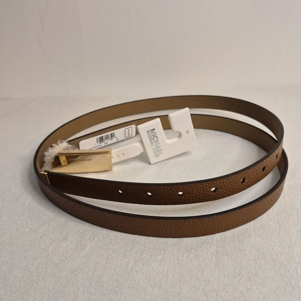 Michael Kors Womens Skinny Leather Belt Size 2X Brown Gold